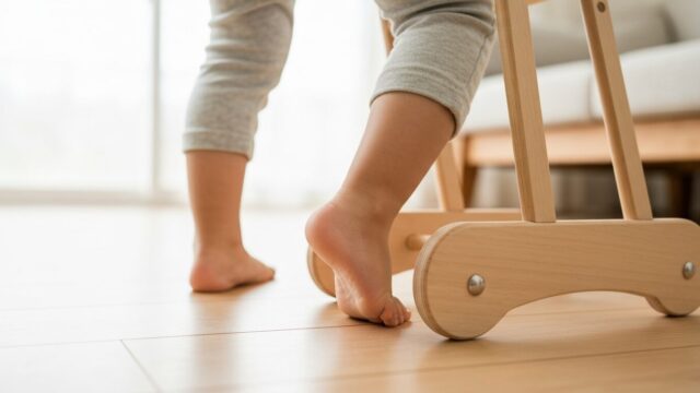 つかまり立ちしている赤ちゃんの足