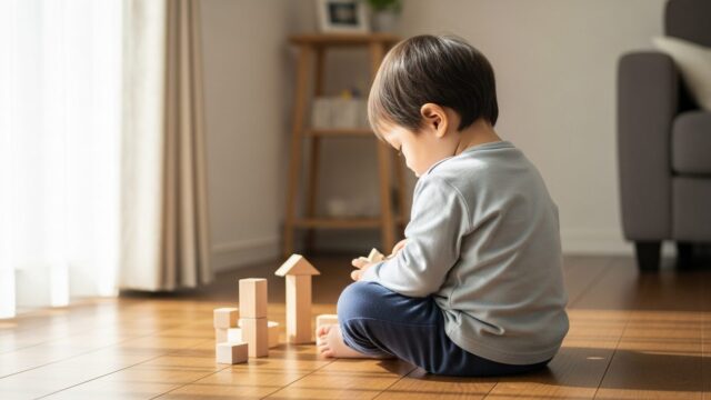 積み木に熱中する幼児