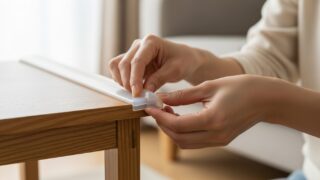 家具にコーナーガードを設置する親の手元