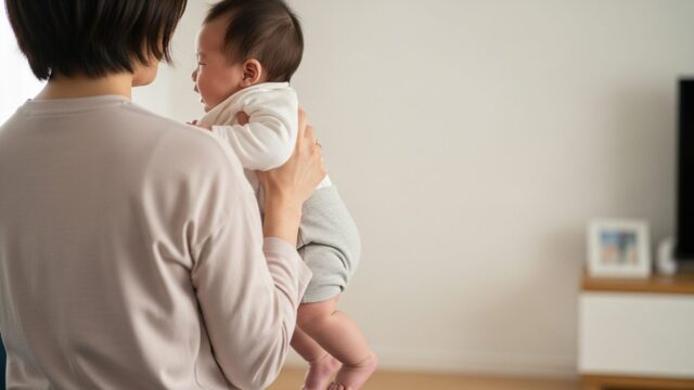 泣いている赤ちゃんをあやすママ